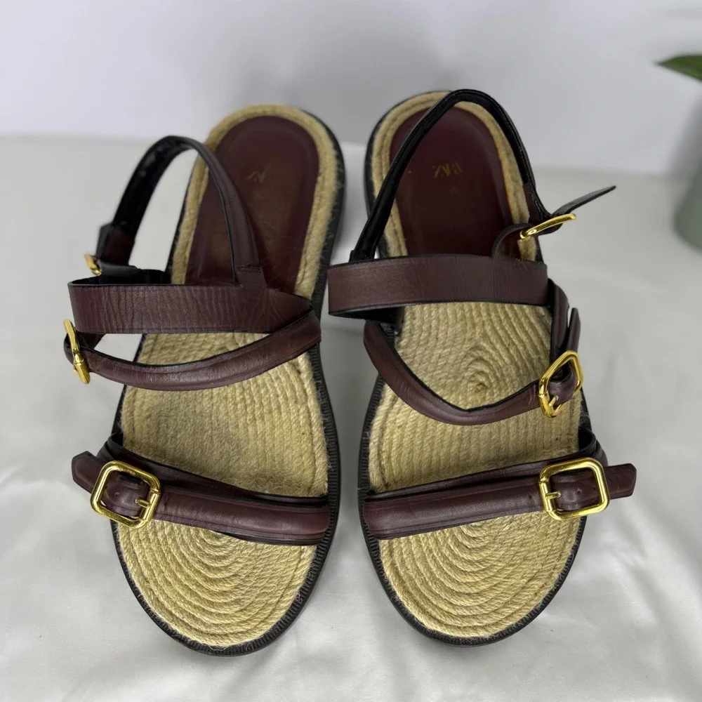 Zara Burgundy Leather Jute Buckle Strappy Flat Sandals Shoes Womens 39 8.5 - Picture 3 of 10
